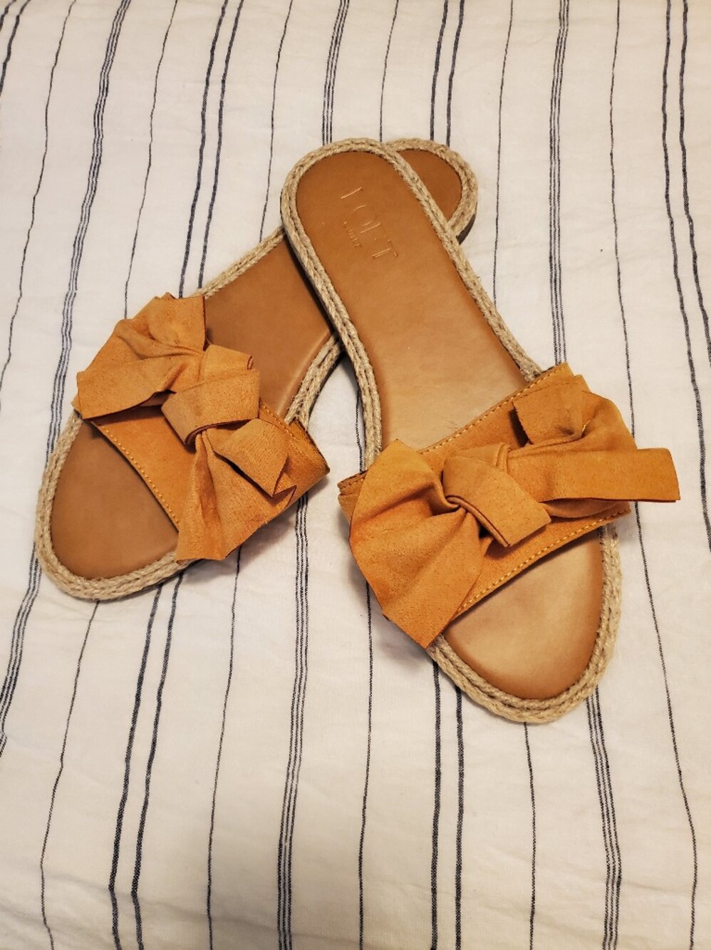 LOFT Mustard Yellow Bow Espadrille Slide Sandals, Size 9
